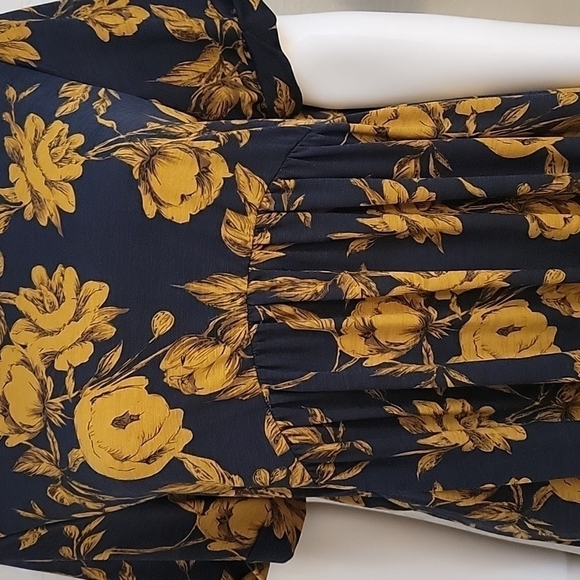 HONEYME Coquette Navy Blue Gold Rose Floral Babydoll Swing Blouse - Picture 4 of 6